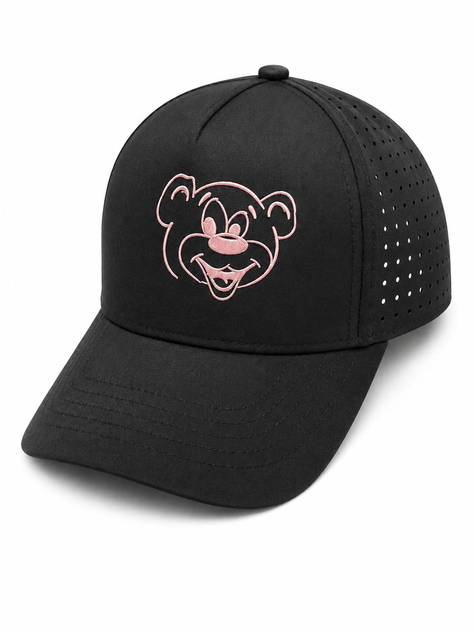 Black Embroidered Bear Face Perforated Baseball Cap